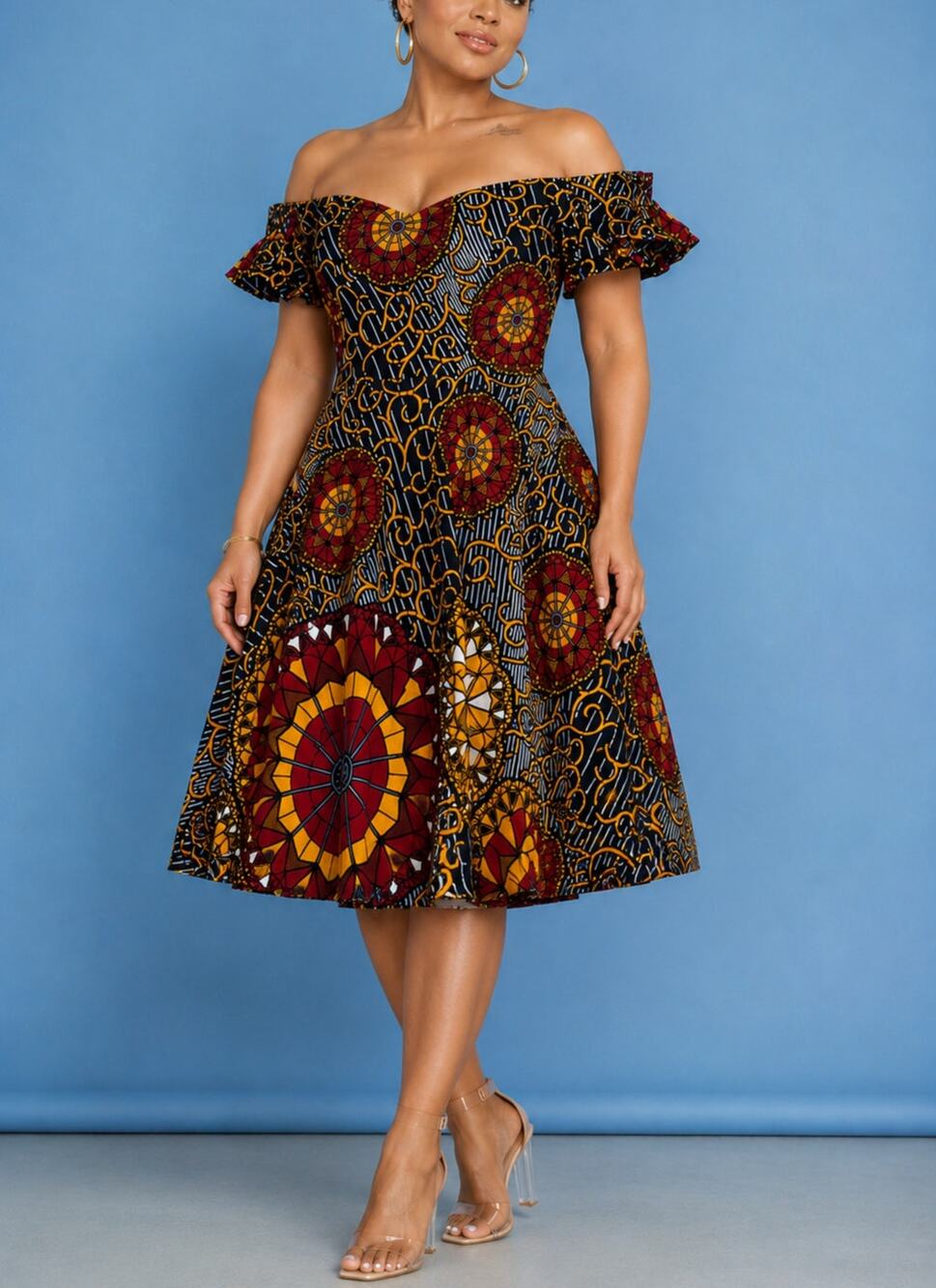 Akese Stylelines Red Lily Dress Size 16 African Print Off Shoulder